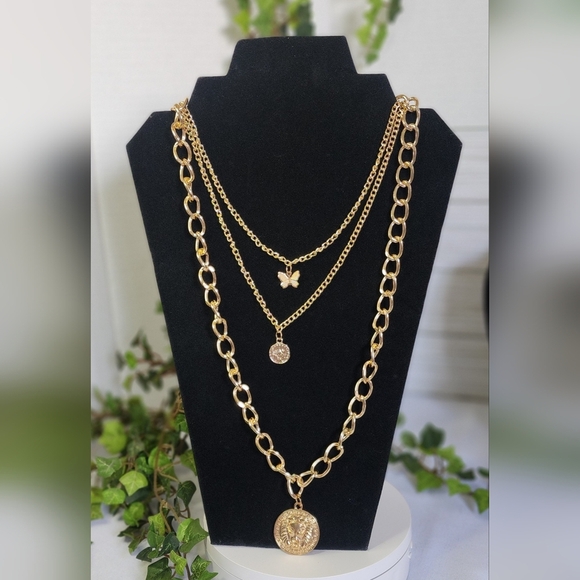 3 Strand Gold Chain Stack Necklace New - Picture 1 of 6